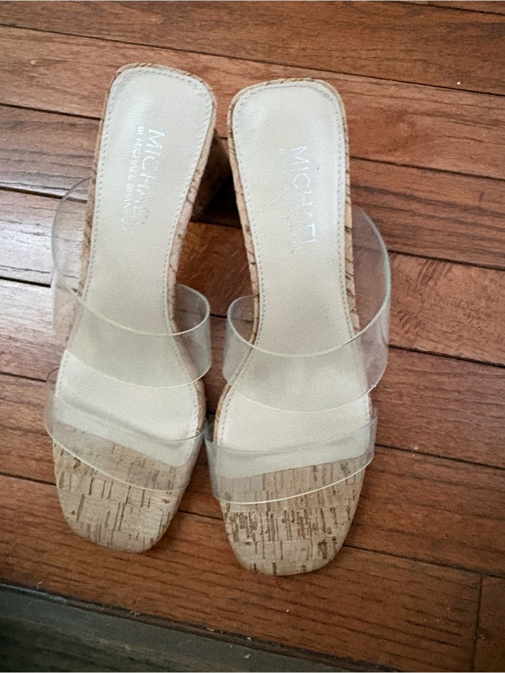 Michael Shannon Clear Strap Cork Block Heel Mules - Nude/Clear